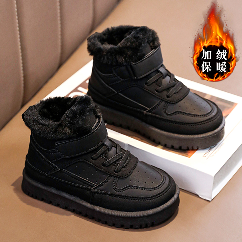 乔丹男童雪地靴冬季2023新款儿童加绒加厚棉鞋中大童保暖黑色棉靴