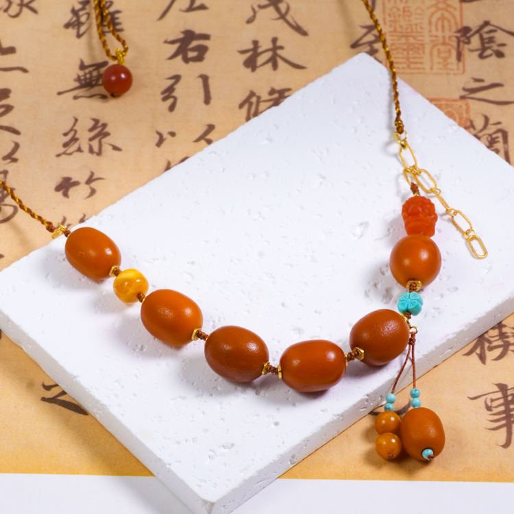 天然蜜蜡枣珠橘皮项链国风贵气款