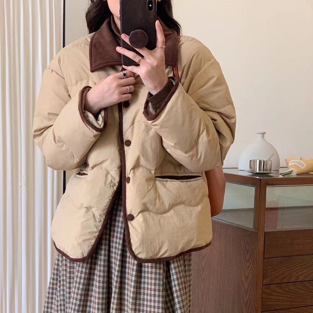 灯芯绒拼接小香90鸭绒服-EEY，东大门春女秋冬时尚休闲百搭