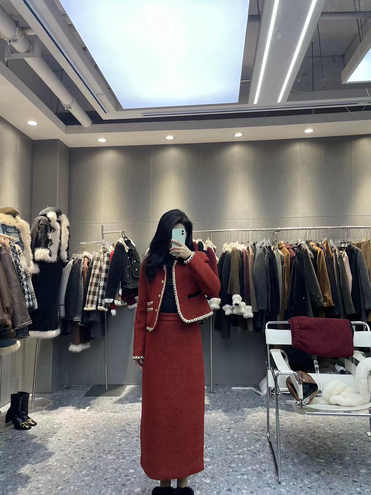 韩系冬装甜美蝴蝶结超仙显瘦翻领小香风外套+半身裙套装6088气质