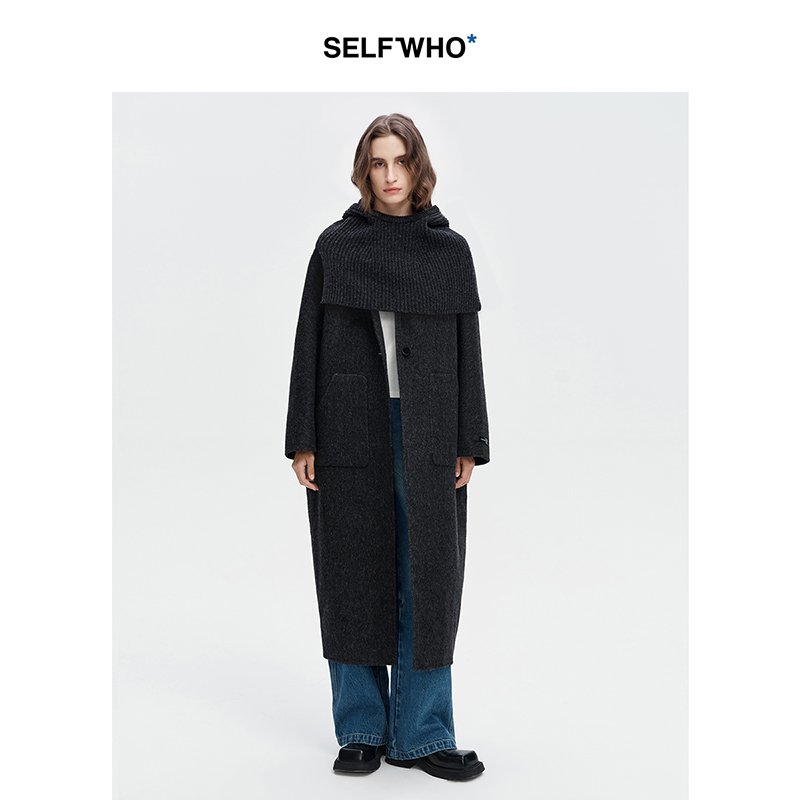 SELFWHO绵羊毛桑蚕丝毛呢大衣女2024秋冬圆领宽松可拆卸围脖外套