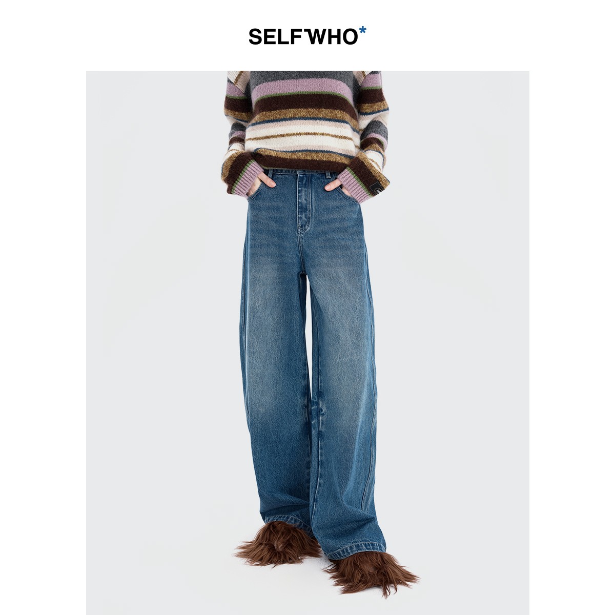 SELFWHO 纯棉复古扎花洗水纹牛仔裤