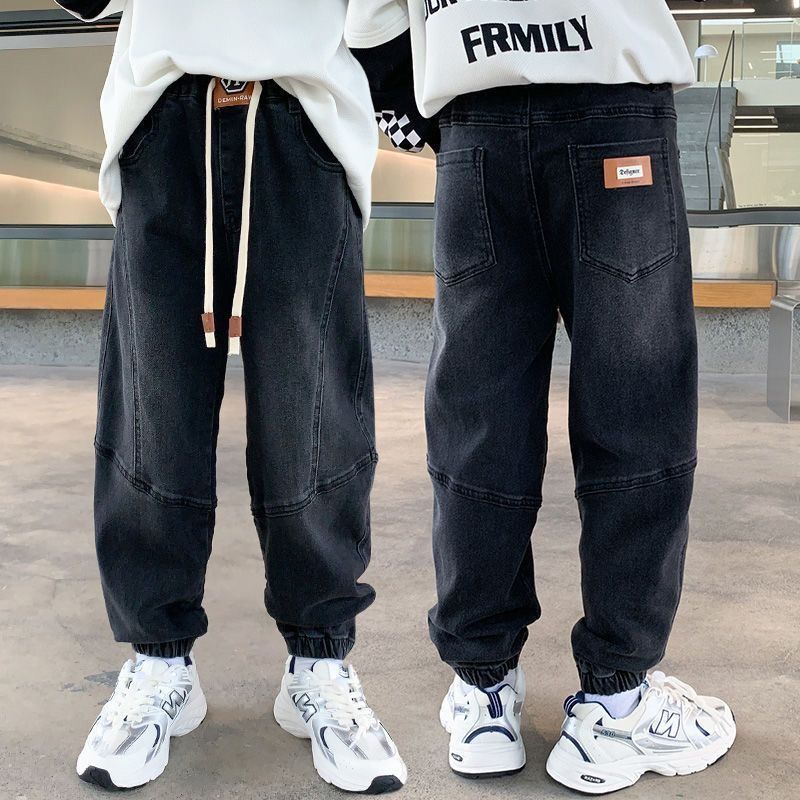 男童春秋款牛仔裤童装新款中大童秋冬加绒加厚黑色宽松束脚长裤潮