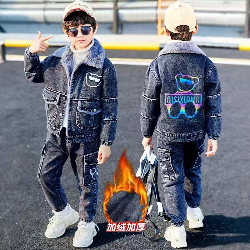男童冬季加绒加厚套装童装新款儿童冬装加厚保暖时尚男童棉服裤子