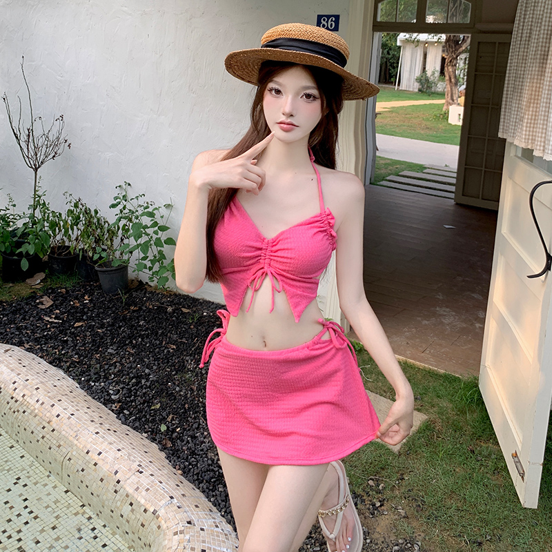 美亦舒泳衣显瘦短裙性感辣妹温泉镂空挂脖bikini高腰显瘦