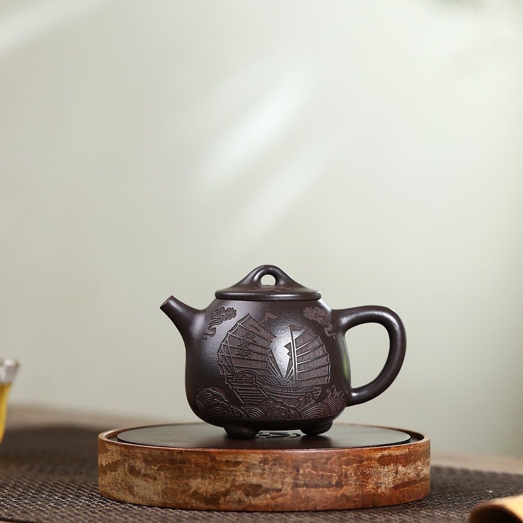 200毫升高石瓢宜兴紫砂壶原矿黑金砂茶壶手制一帆风顺高石瓢壶