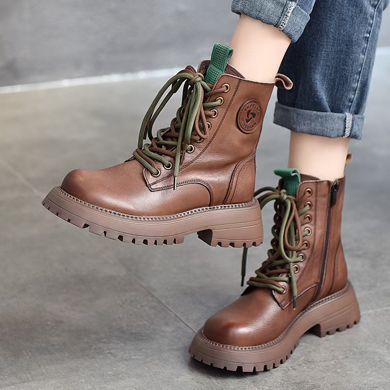 头层牛皮英伦风机车靴圆头厚底百搭短靴女2024秋冬高帮