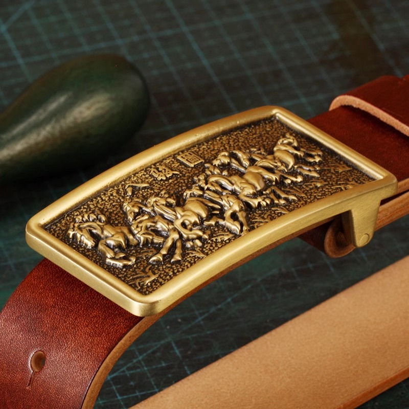 手工皮带八骏图复古休闲腰带男士皮带板扣 实心铜扣整张牛皮切割