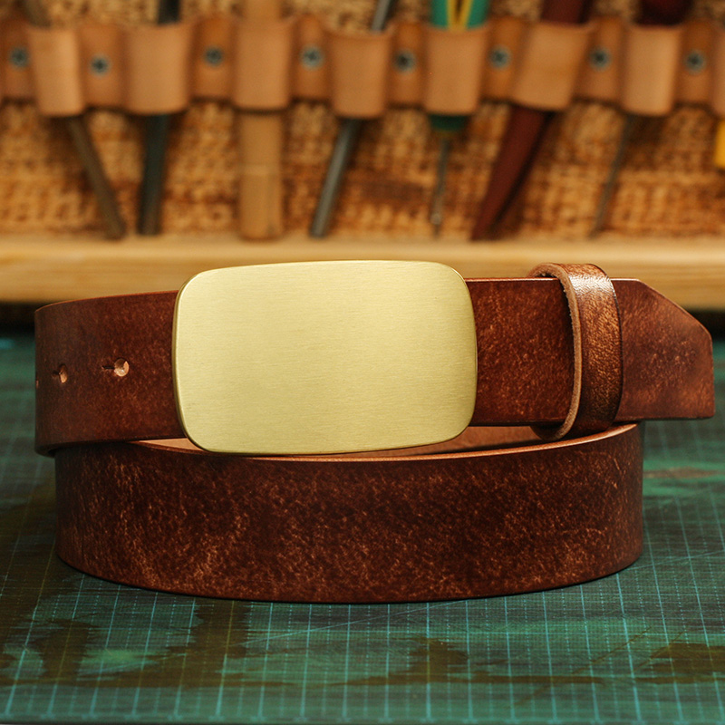 手工皮带腰带 男平滑扣 铜板扣头层牛皮简约复古皮带