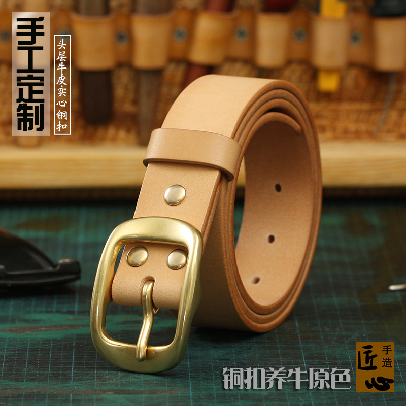 3.5宽度 铜扣手工腰带 头层牛皮男士皮带休闲复古牛仔裤腰带中年