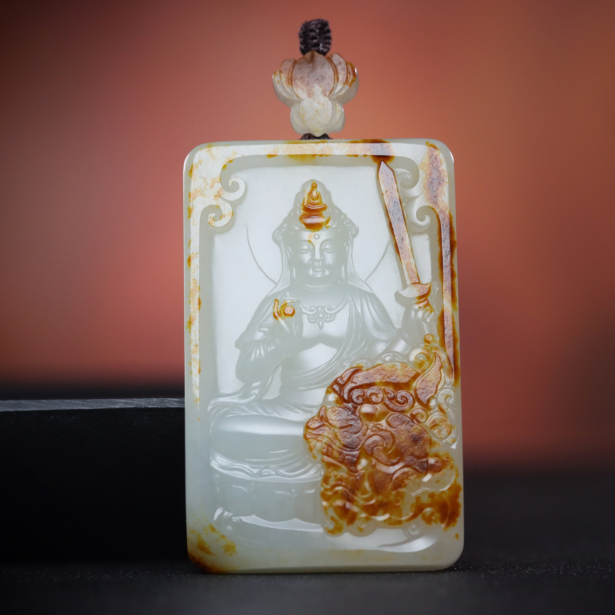 【结缘欣赏】和田籽玉名家收藏作品《文殊师利菩萨》挂件吊坠玉牌