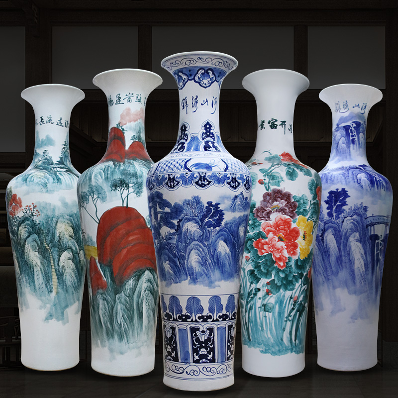 景德镇陶瓷器鱼尾落地大花瓶摆件手绘青花山水瓷客厅酒店开业大号