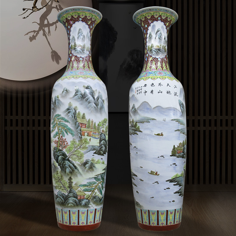 景德镇陶瓷器手绘粉彩山水中式落地大花瓶瓷瓶客厅电视柜装饰摆件