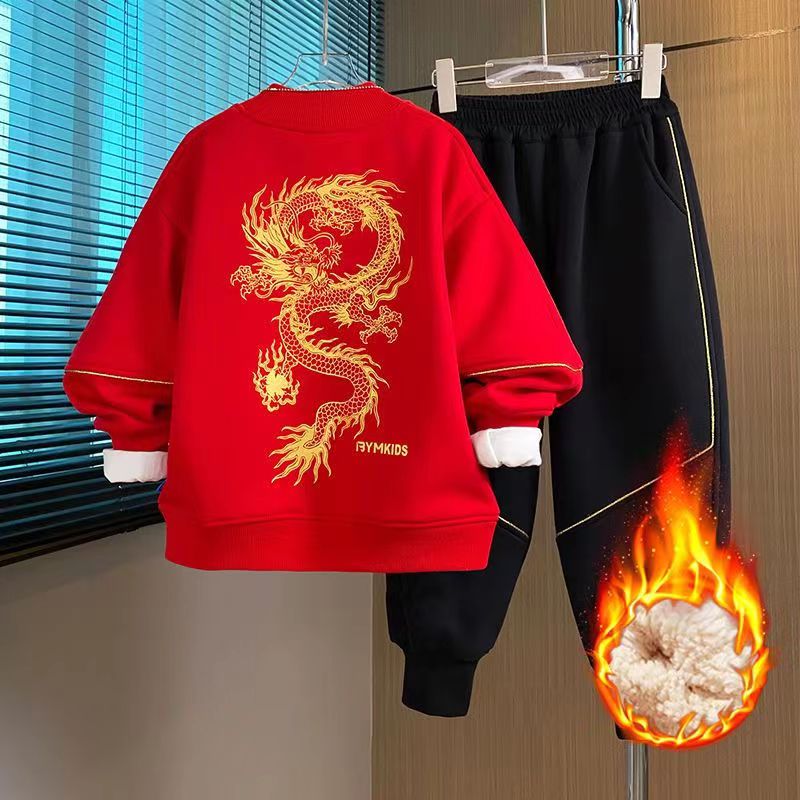 男童套装加绒加厚冬款儿童中国风卫衣中大童男孩两件套红色拜年服