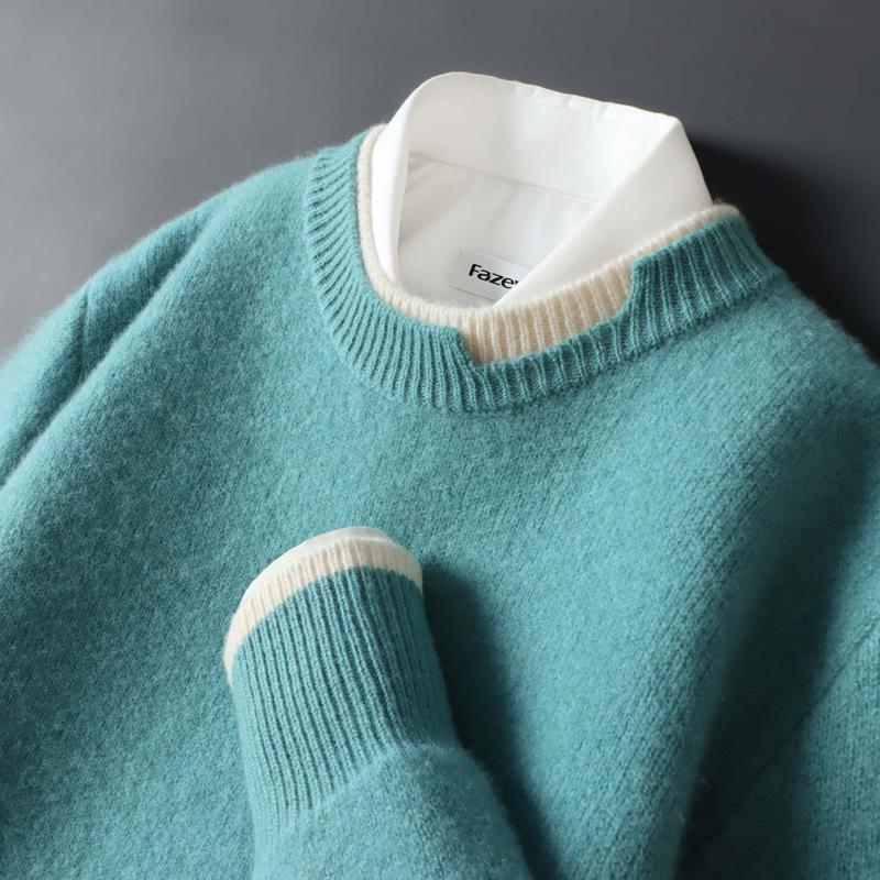 纯羊绒男圆领冬季加厚宽松保暖毛衣撞色假两件针织羊毛打底衫