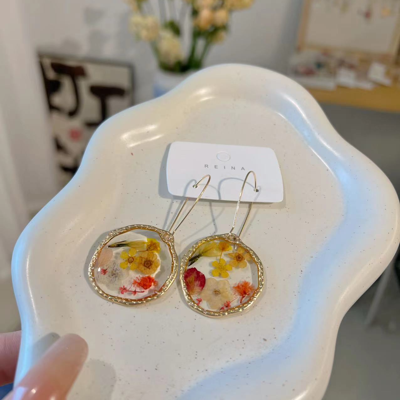 合金树脂耳饰 树脂封真花耳饰轻奢复古感百搭