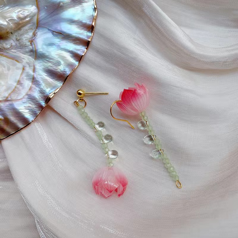 铜合金琉璃耳饰 荷花AB款长款耳钉甜美真花制作