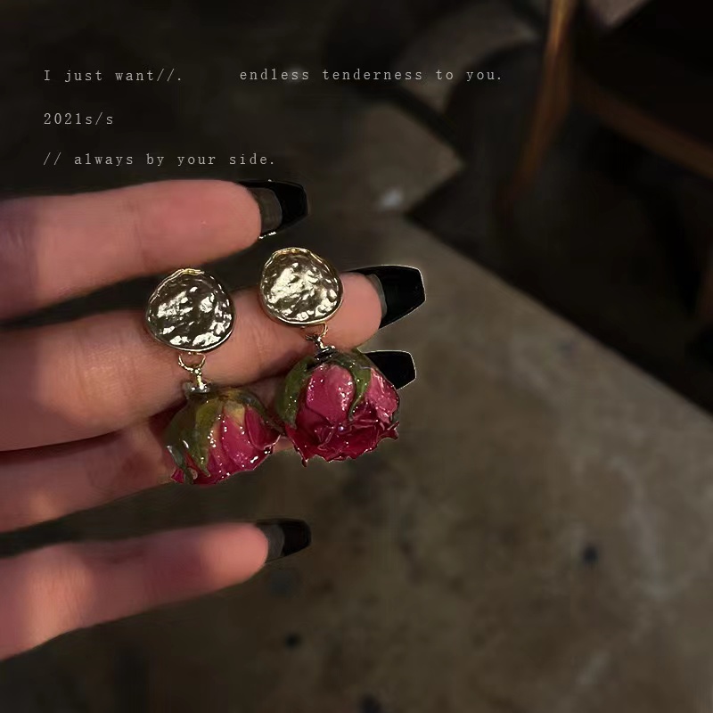 铜合金树脂耳饰 A388永生玫瑰花耳环女法式复古小众仙女耳钉