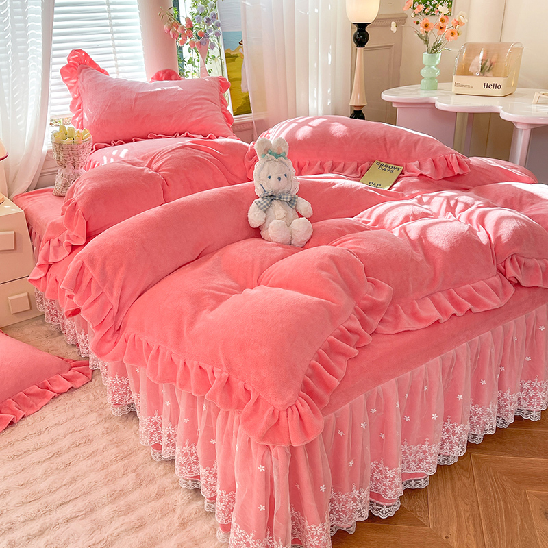 8斤加厚保暖韩式蕾丝花边牛奶绒床裙四件套公主风双面绒加绒冬季