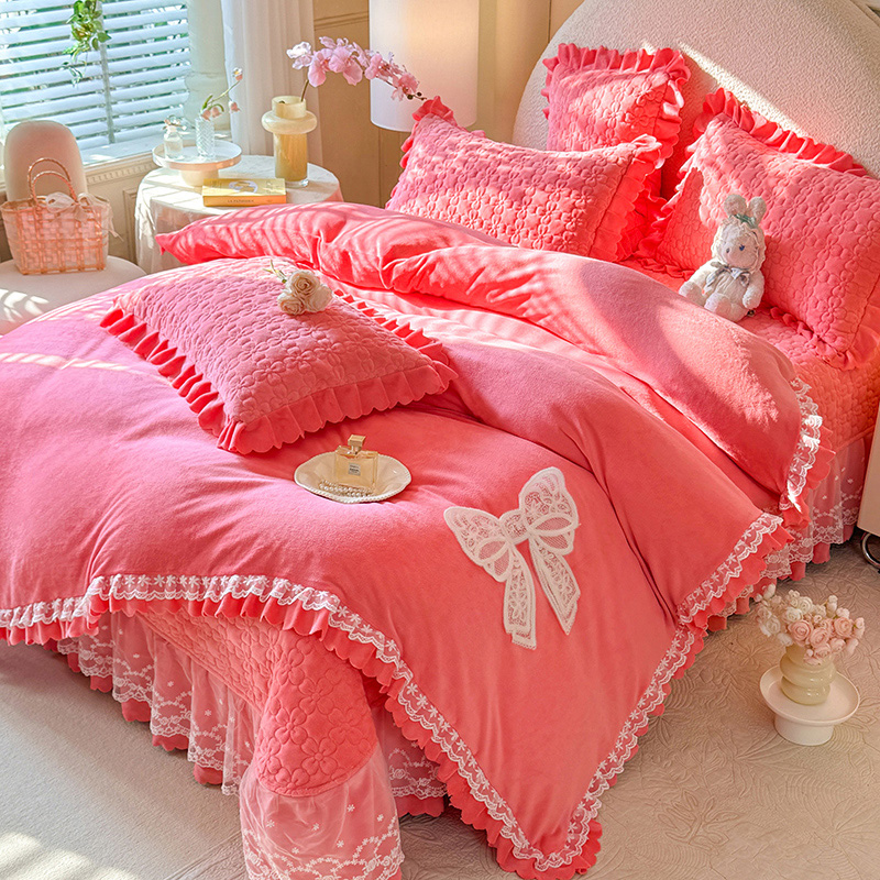 冬季加厚牛奶绒床盖款四件套韩版夹棉床裙双面绒被套单床盖可机洗