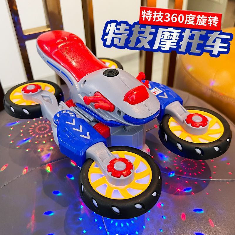 新品电动变形摩托车特技旋转万向车科幻灯光音乐儿童玩具车批发