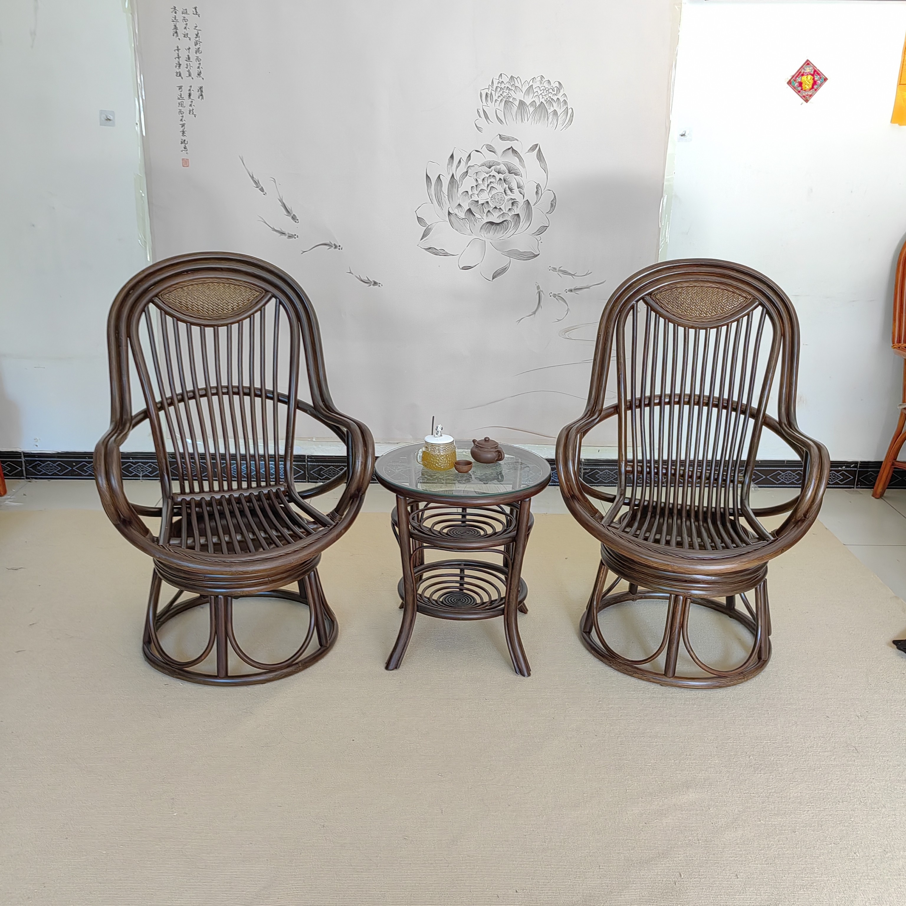 藤椅大转椅头枕腰托条形360℃转椅阳台客厅休闲椅家用新中式简约