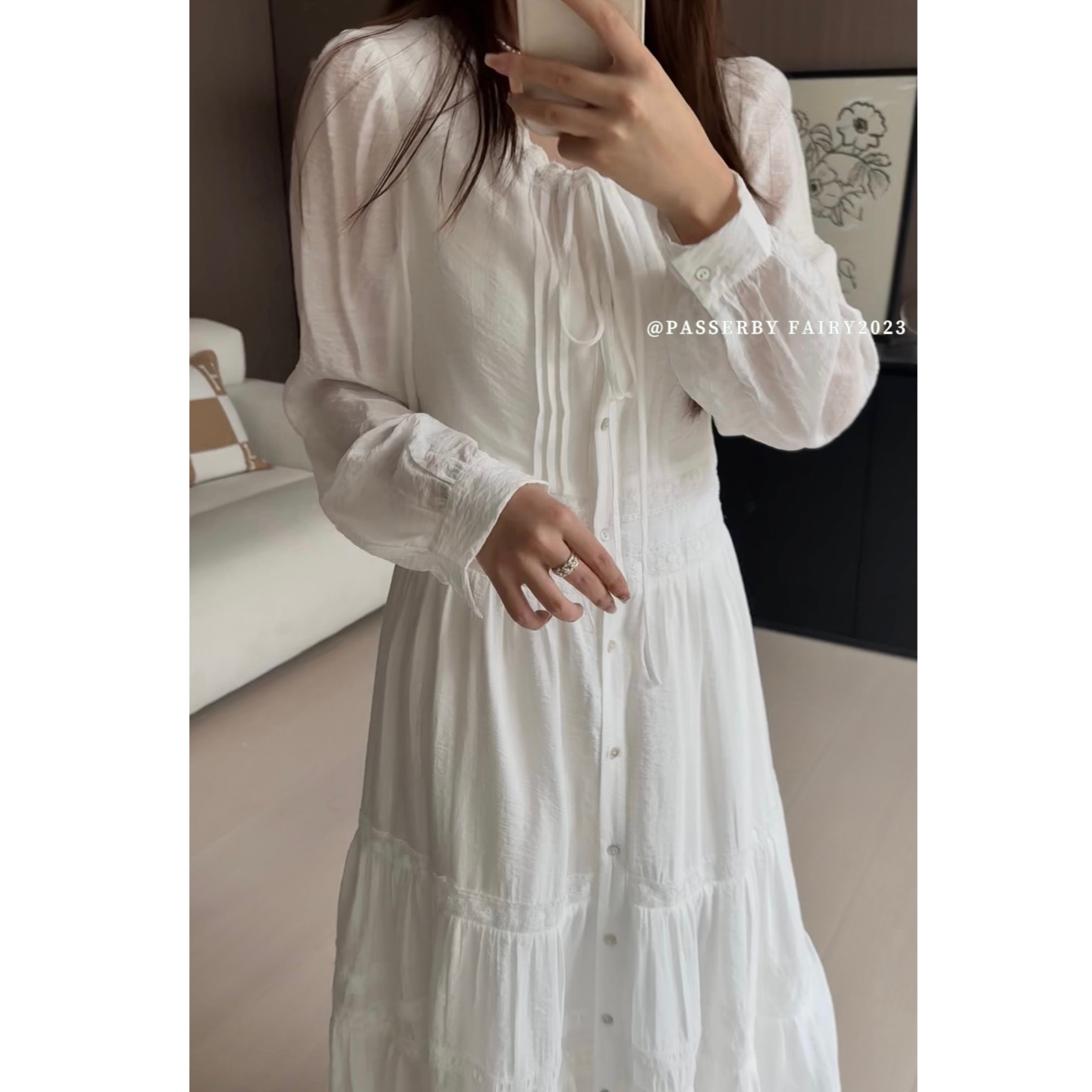 PASSERBY FAIRY 罗曼蒂 高支高密棉蕾丝拼接白色连衣裙L549