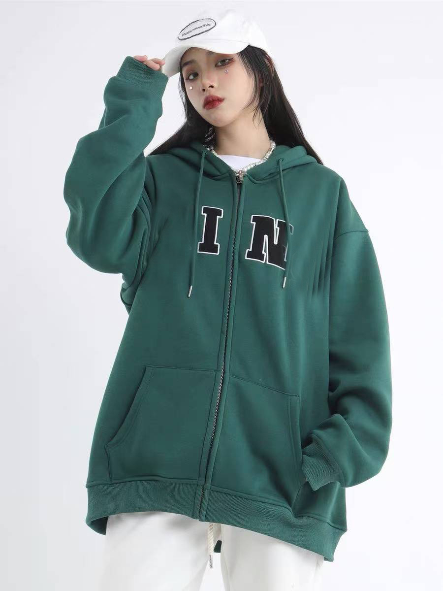 D04男女同款秋冬季棉质加绒加厚字母印花休闲连帽拉链卫衣