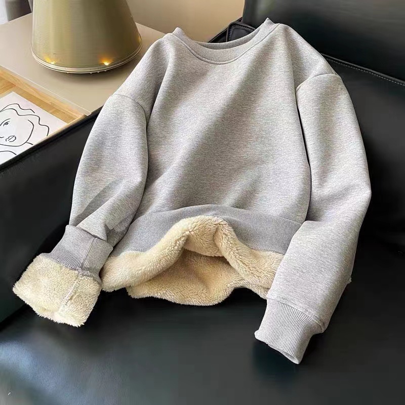 A44男女同款秋冬季羊羔绒加绒加厚净版百搭圆领卫衣0490