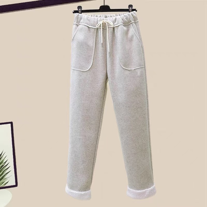 Q03女士春秋季毛呢防风弹力腰直筒窄脚休闲翻边裤