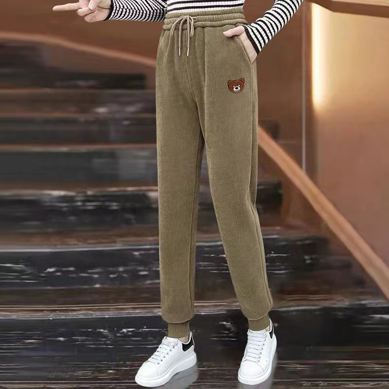 C24（瑕疵处理}女士秋冬季欧棉绒刺绣加绒加厚休闲束脚卫裤