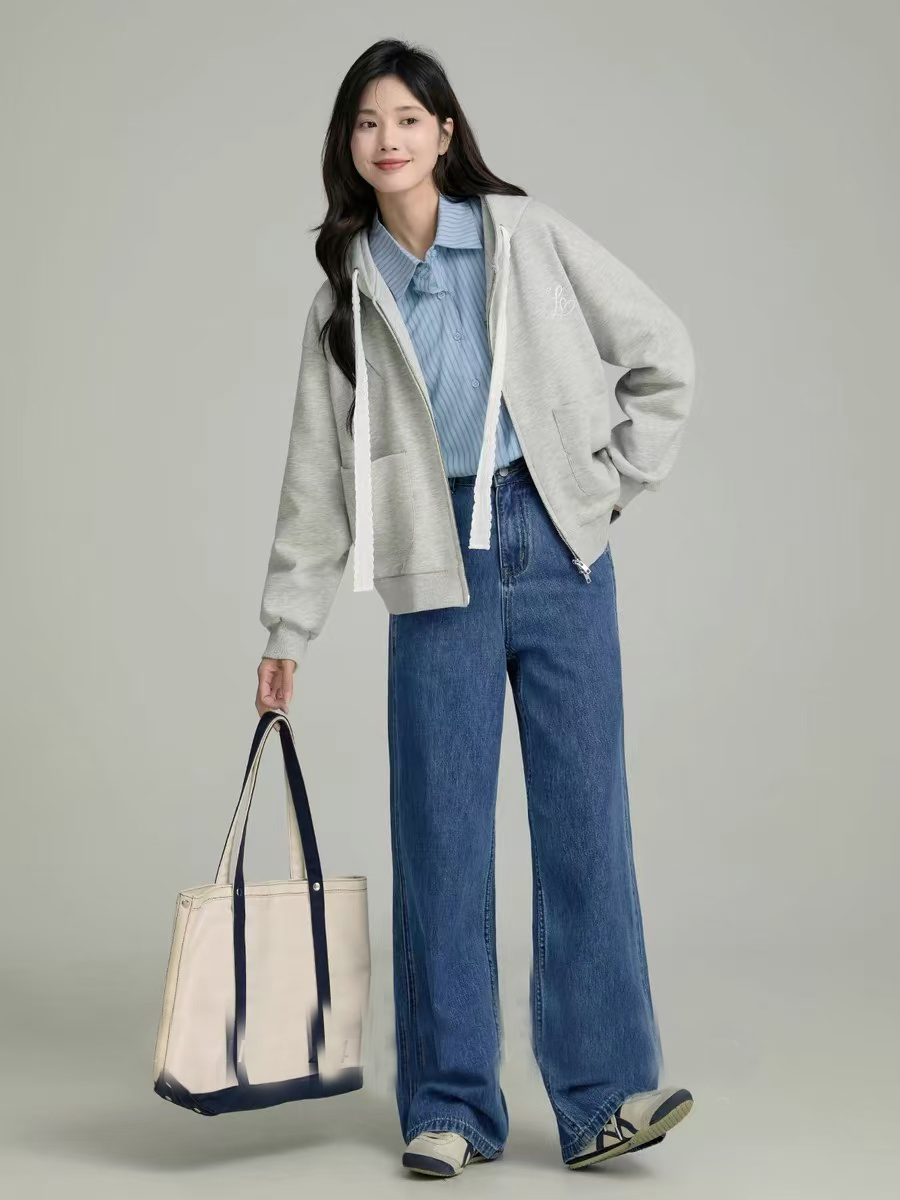 B87-1男女同款秋冬季显瘦水洗棉净版外穿直筒阔腿牛仔裤百搭高腰