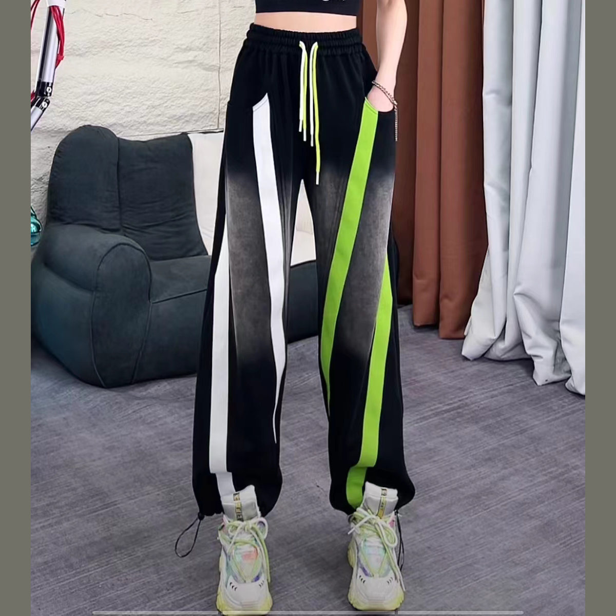 GEYANTU/格言图【GYT】春秋高街宽松阔腿抽绳拼接463潮牌休闲裤