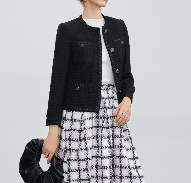 【香】2024新款秋冬黑色显瘦粗花呢编织百搭小香风外套99449-343