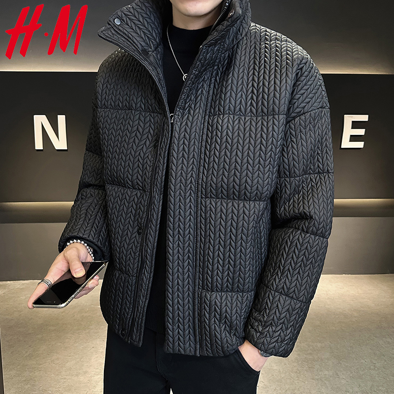 HM男士立领麦穗羽绒服2023冬季款潮韩版时尚通勤百搭保暖加厚外套