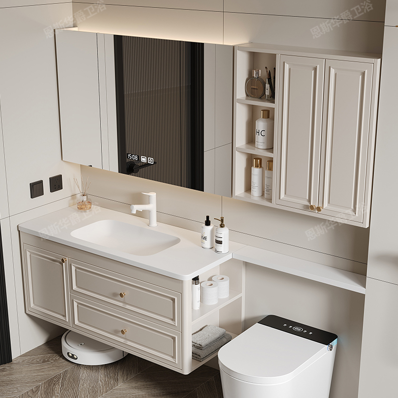 美式法式可丽耐一体盆马桶延长边浴室柜卫生间岩板热弯洗漱台定制