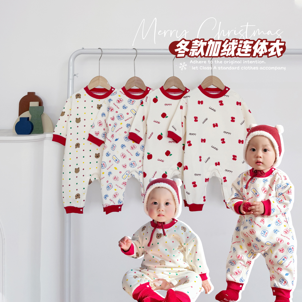 冬季喜庆婴幼儿红色满月连体衣宝宝加厚加绒外出节日哈衣婴儿爬服