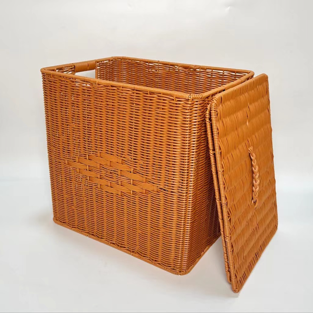 A161棕色方形带盖特大号收纳筐家用复古风纯手工编织43*35*43