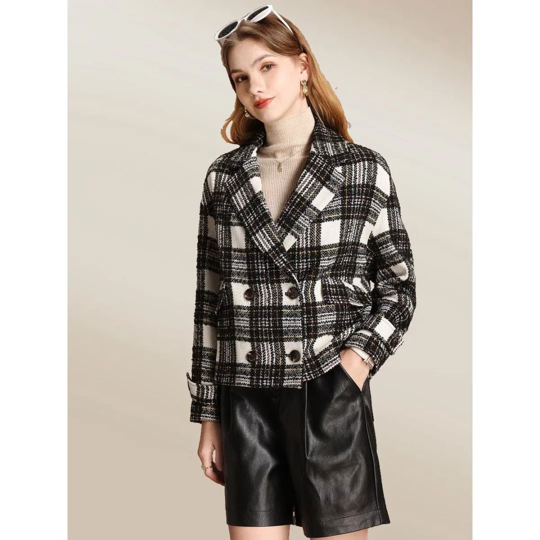 D779小香风短款外套秋冬高级感粗花格子女上衣网红百搭休闲女外套