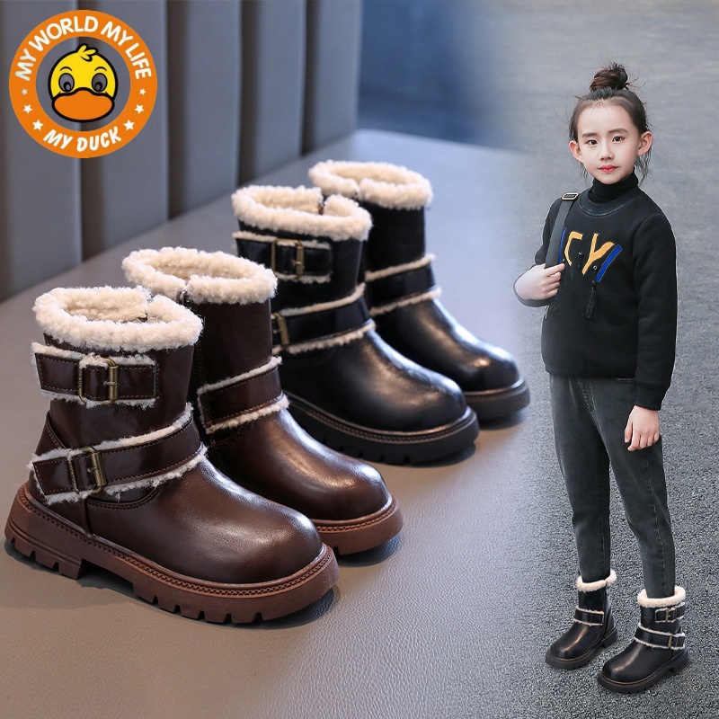 MYDUCK小黄鸭女童加绒马丁靴2024冬季新款时尚加绒保暖防滑雪地靴