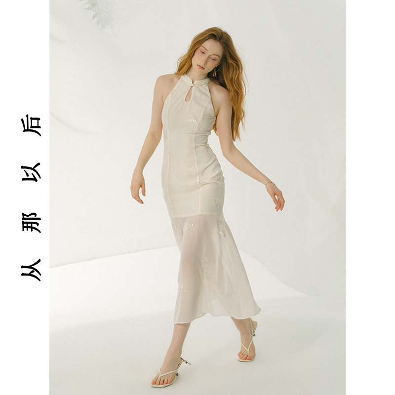 SINCE THEN烟雨波澜新中式连衣裙改良旗袍裙白色裙子挂脖长裙女夏