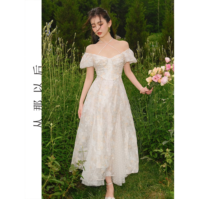 since then【伊藤纱香】雪纺连衣裙碎花泡泡袖一字肩挂脖长裙女夏