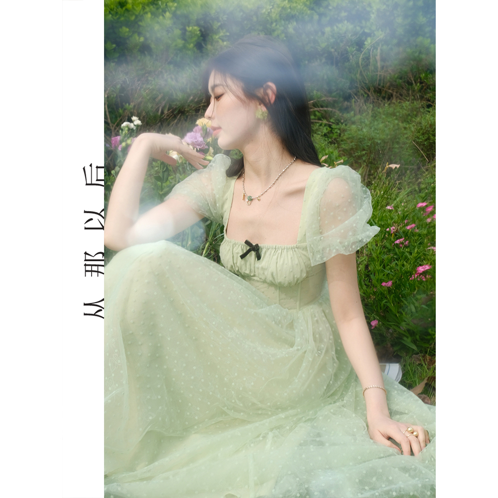 since then【长亭翠轩】薄荷绿网纱波点连衣裙夏显瘦设计感裙子女