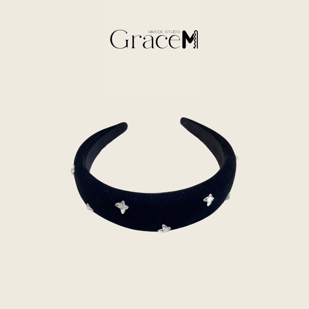 M034 黑色丝绒蝴蝶水钻钻发箍新款秋冬法式名媛风洗脸头箍