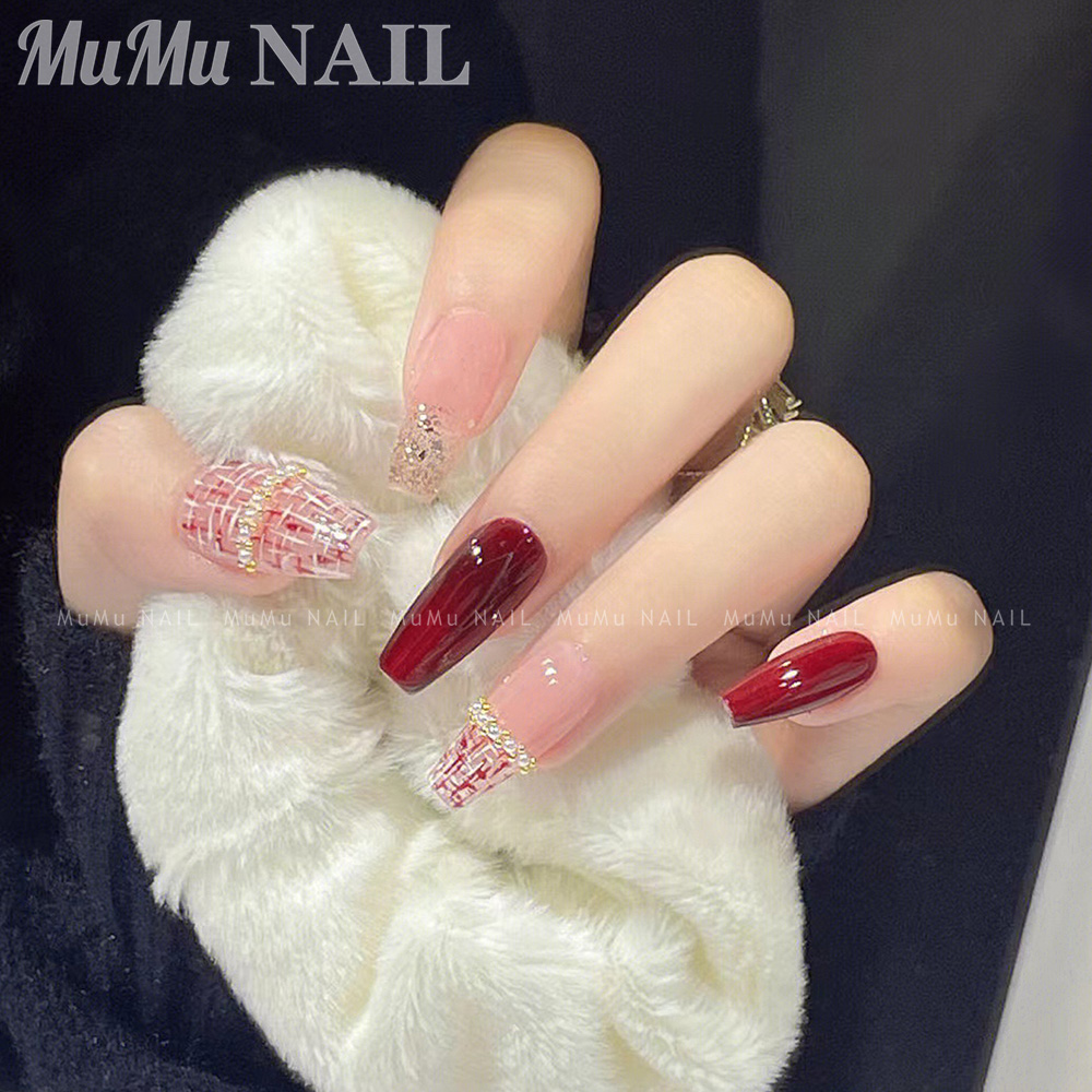MuMu NAIL【酒红欧蕾】手工光疗穿戴甲 冬季气质酒红色ins流行
