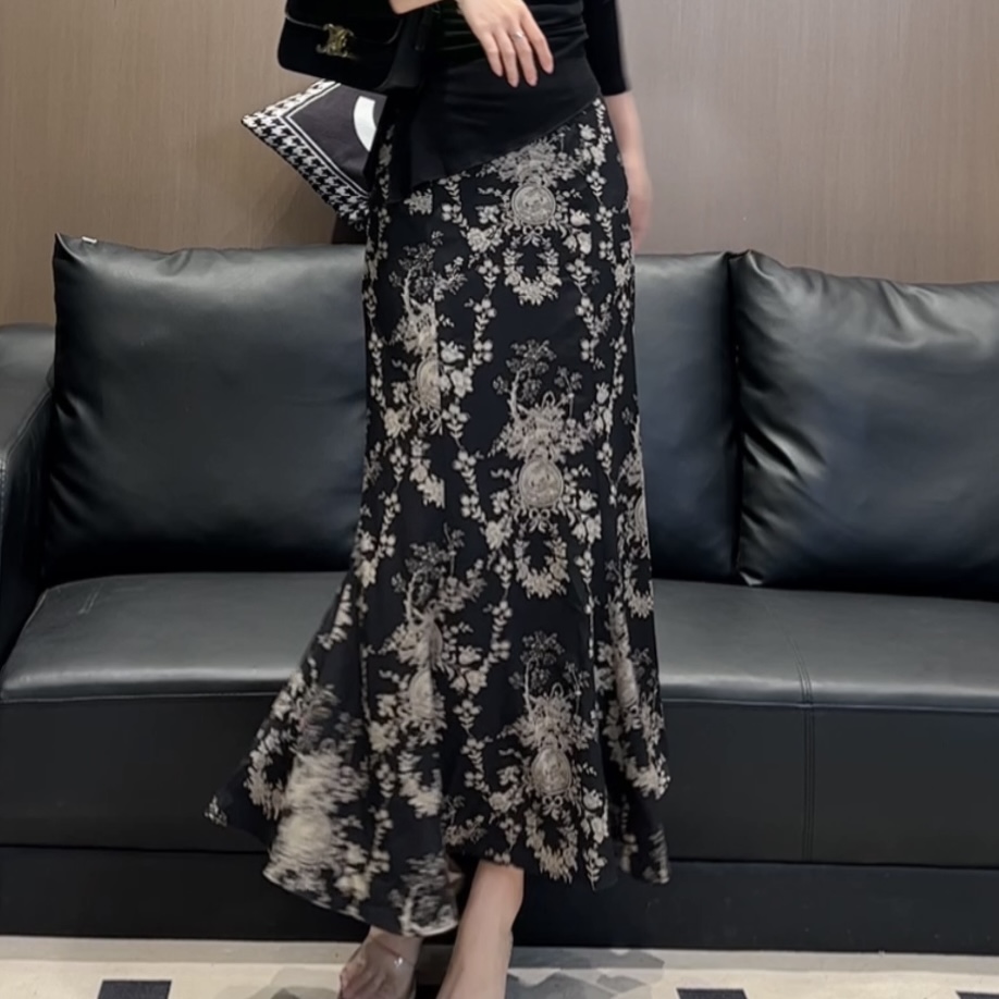 小丽定制-[L310]法式高级感碎花复古印花中长款气质鱼尾半身裙