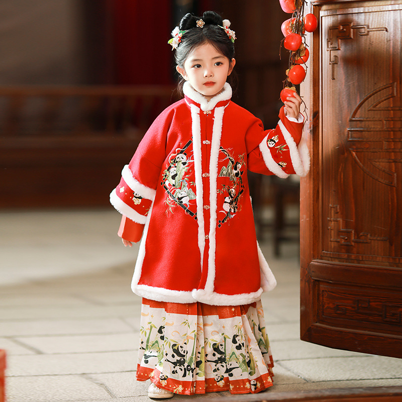女童汉服2024新款冬季加厚加绒中国风古装儿童唐装马面裙拜年服装