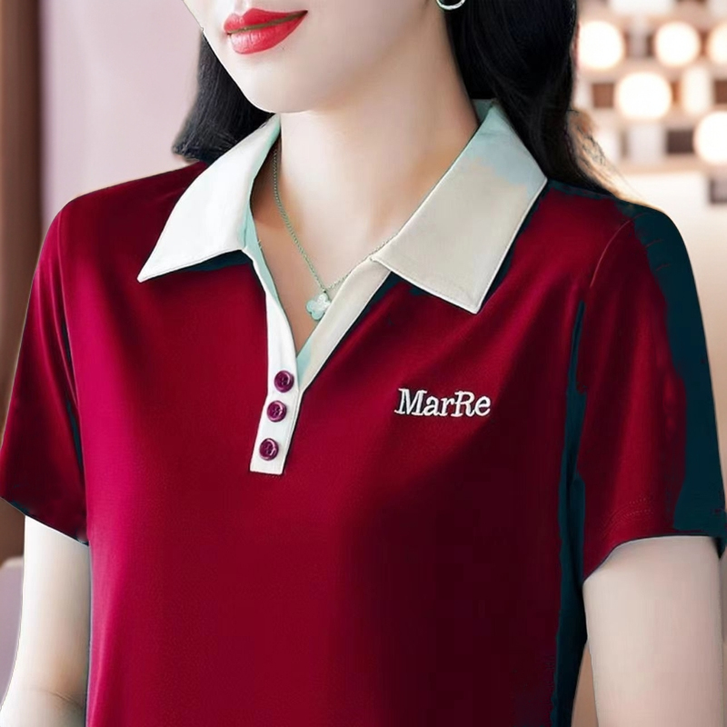 大码显瘦洋气时尚百搭短袖修身上衣polo运动休闲女士夏季宽松翻领