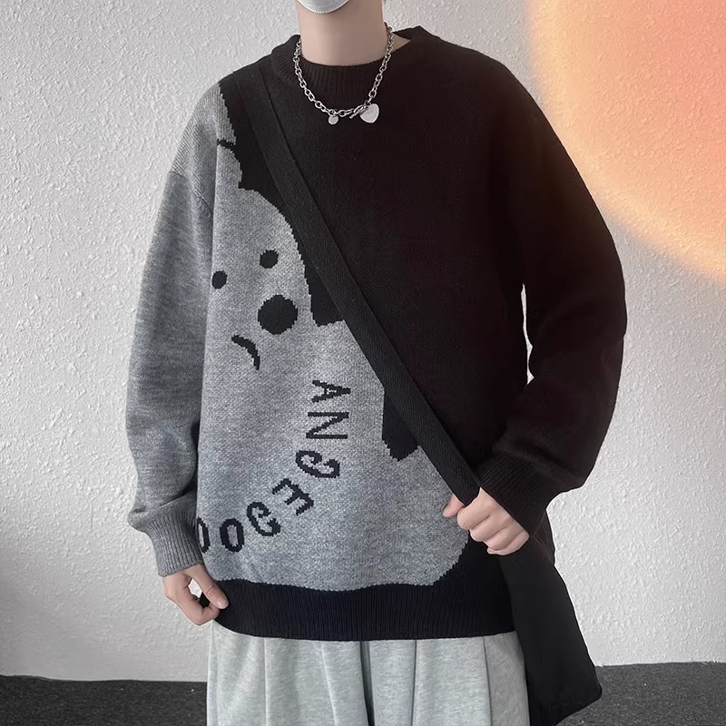 claralee小熊毛衣男秋冬新款加绒加厚圆领宽松大码慵懒打底针织衫