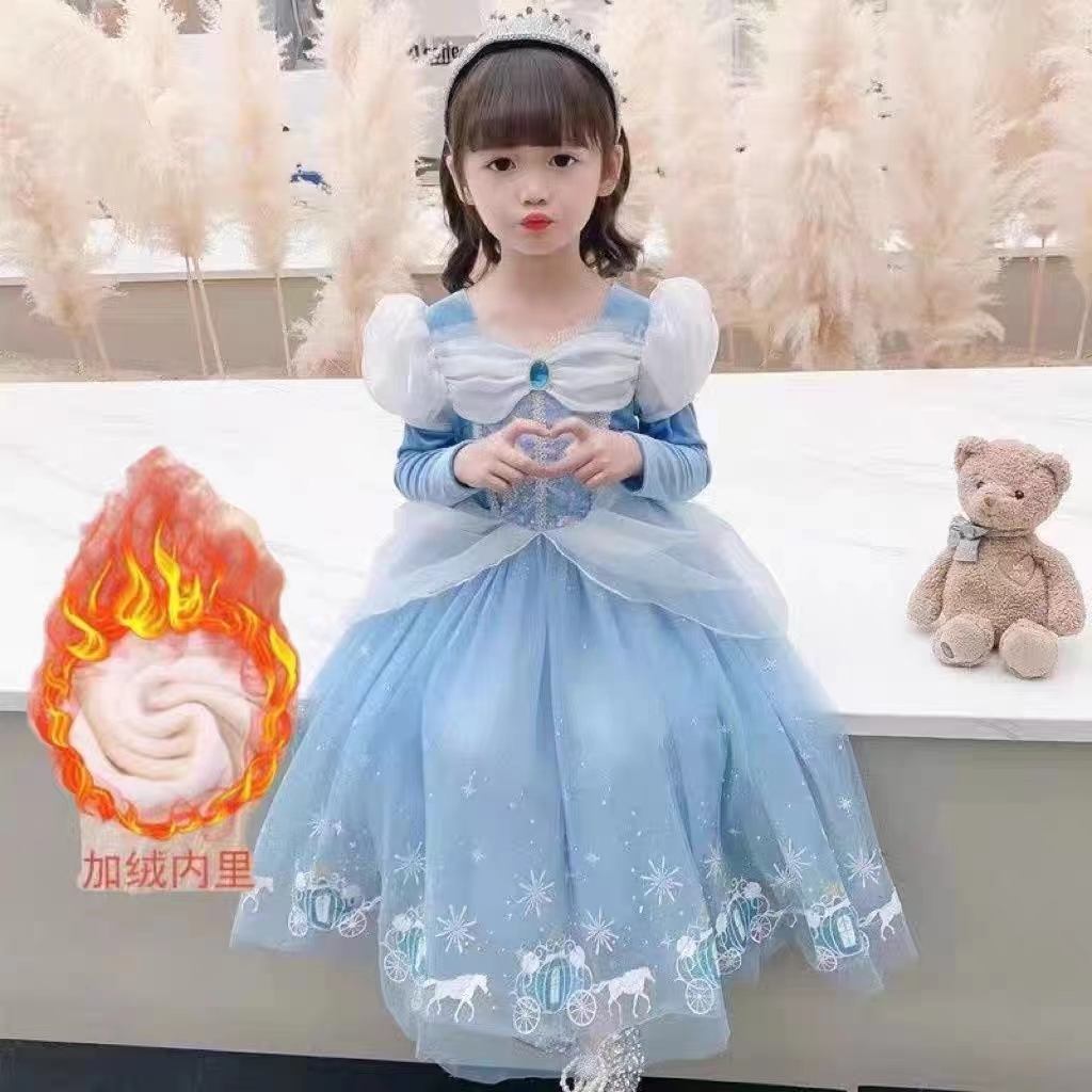 冰雪奇缘新款爱莎公主裙艾莎公主裙子长袖连衣裙灰姑娘万圣节礼服